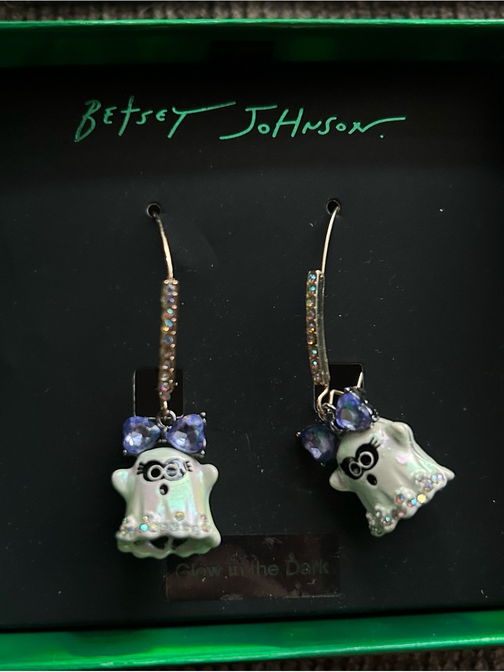 Betsey Johnson Iridescent White Ghost Earrings with Purple Bows - Picture 4 of 4